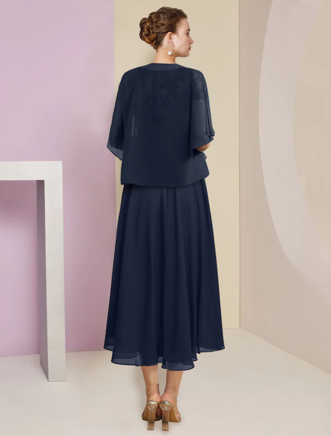 Luolandi Two Piece A-Line Mother of the Bride Dress Formal Elegant Scoop Neck Tea Length Chiffon Lace Short Sleeve Wrap Included with Pleats