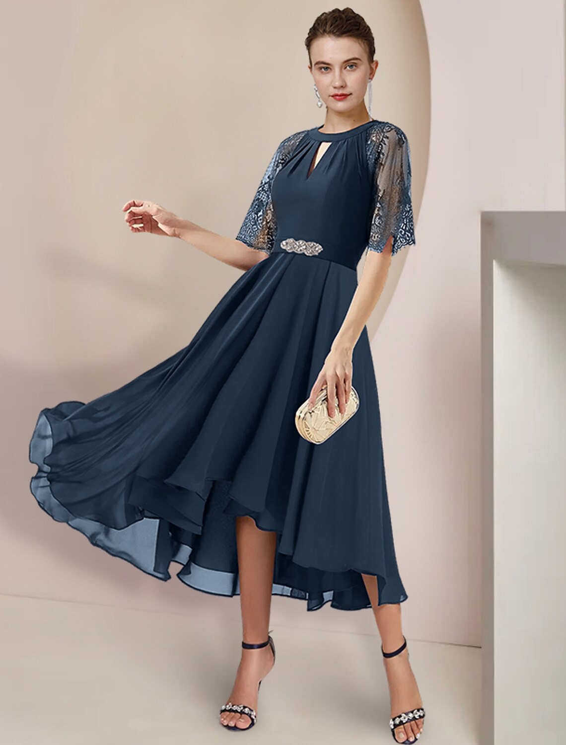 Luolandi A-Line Mother of the Bride Dress Formal Wedding Guest Party Elegant High Low Scoop Neck Tea Length Chiffon Lace 3/4 Length Sleeve with Pleats