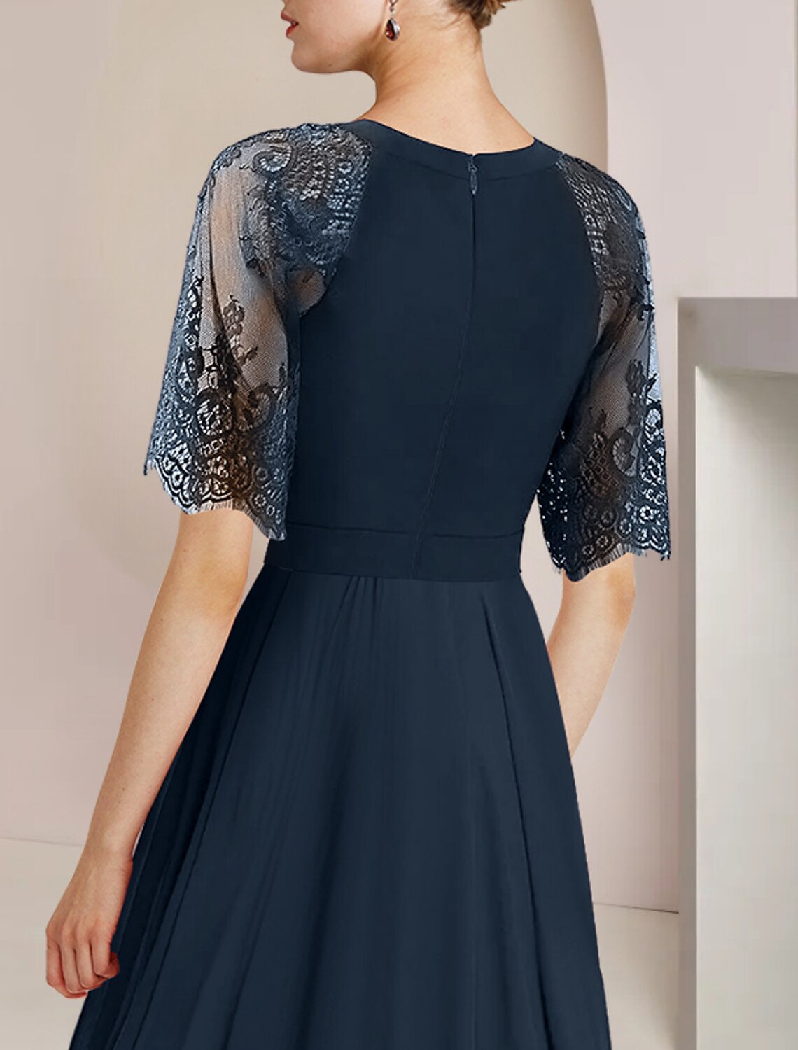 Luolandi A-Line Mother of the Bride Dress Formal Wedding Guest Party Elegant High Low Scoop Neck Tea Length Chiffon Lace 3/4 Length Sleeve with Pleats