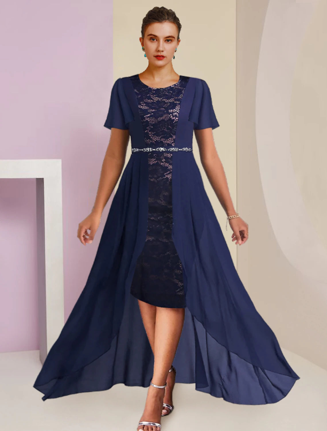 Luolandi Sheath / Column Mother of the Bride Dress Formal Wedding Guest Elegant Scoop Neck Asymmetrical Tea Length Chiffon Lace 3/4 Length Sleeve