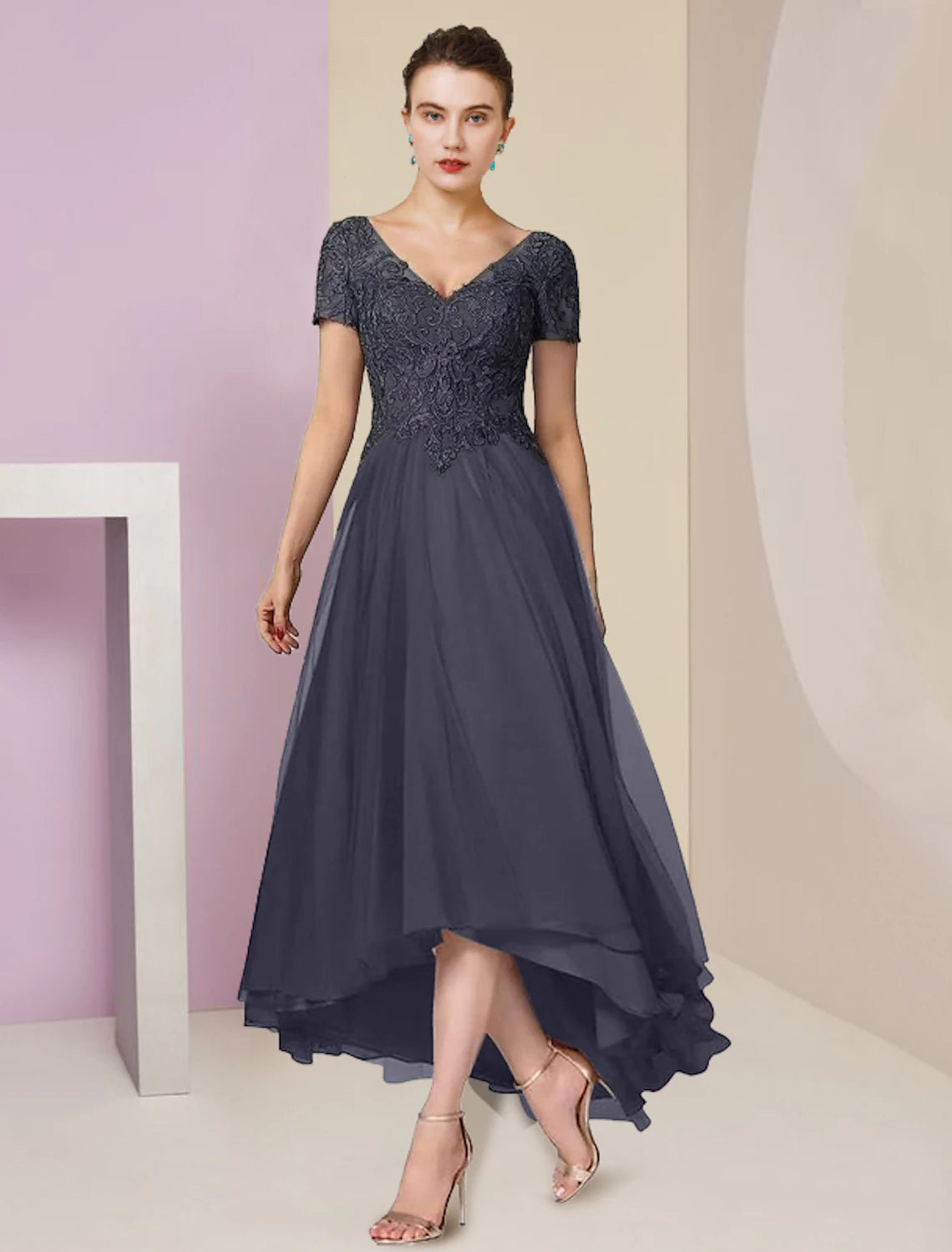 Luolandi Two Piece A-Line Mother of the Bride Dress Formal Wedding Guest Elegant High Low V Neck Asymmetrical Tea Length Chiffon Lace Short Sleeve Wrap Included