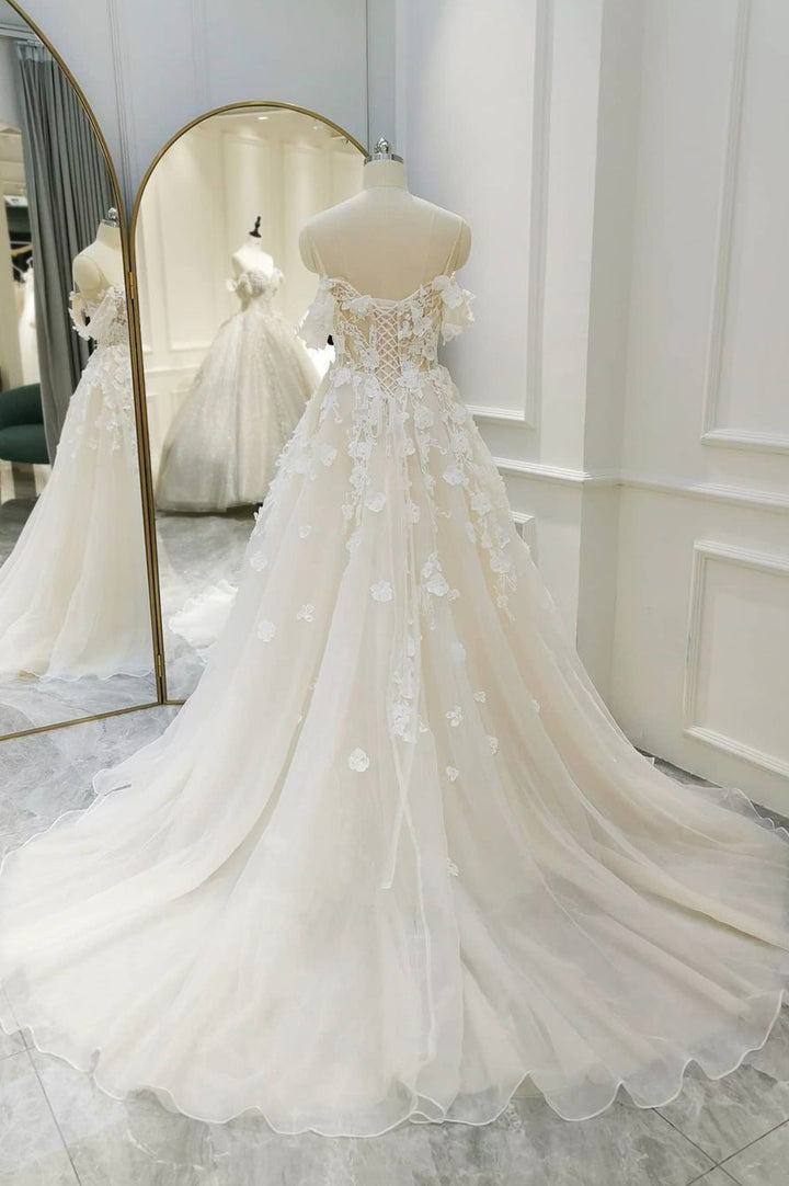 Luolandi Champagne Tulle Lace Long Prom Dress A-Line Evening Gown Wedding Dress