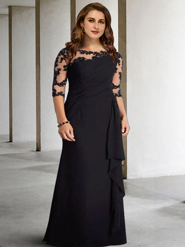 Luolandi A-Line Plus Size Curve Mother of the Bride Dresses Elegant Dress Formal Floor Length Half Sleeve Jewel Neck Chiffon