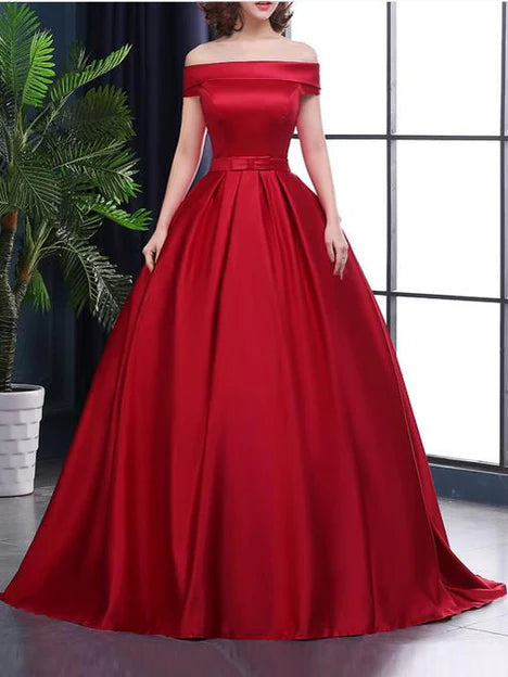 Luolandi Beautiful Red Off Shoulder Satin Junior Prom Dress Sweet Red Formal Gown Elegant Evening Dress