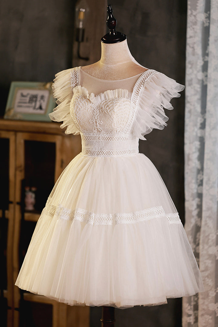 Luolandi Cute Lace Short A-Line Prom Dress Champagne Party Dress Homecoming Dress