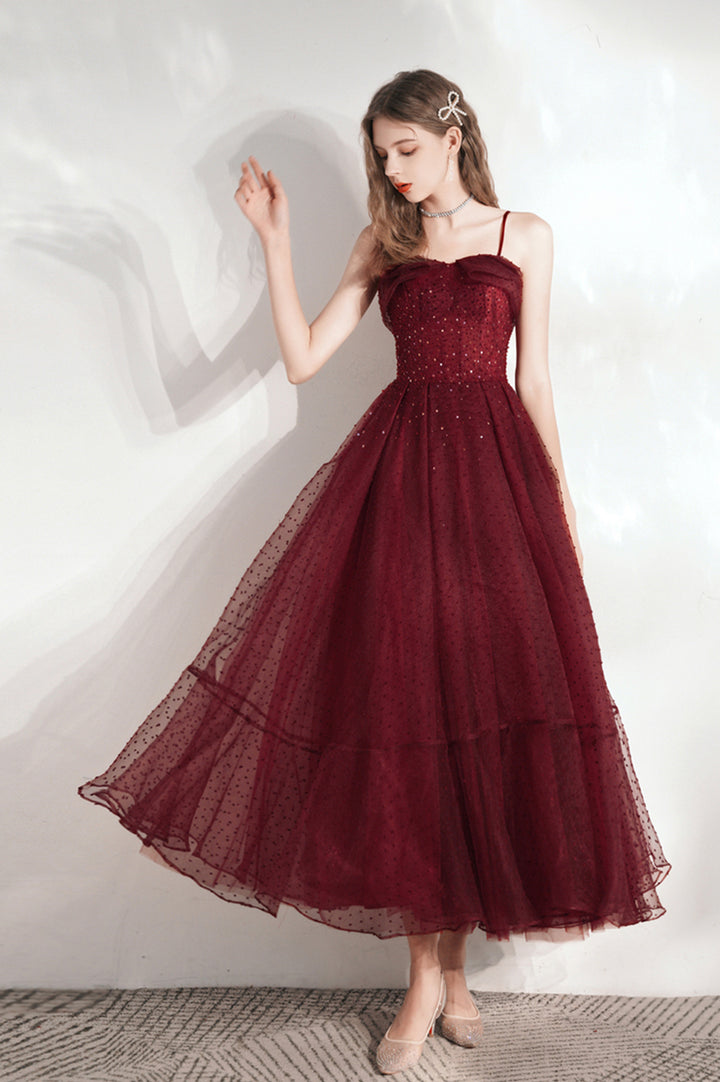 Luolandi Burgundy Tulle Sequins Tea Length Prom Dress A-Line Party Dress Sparkly