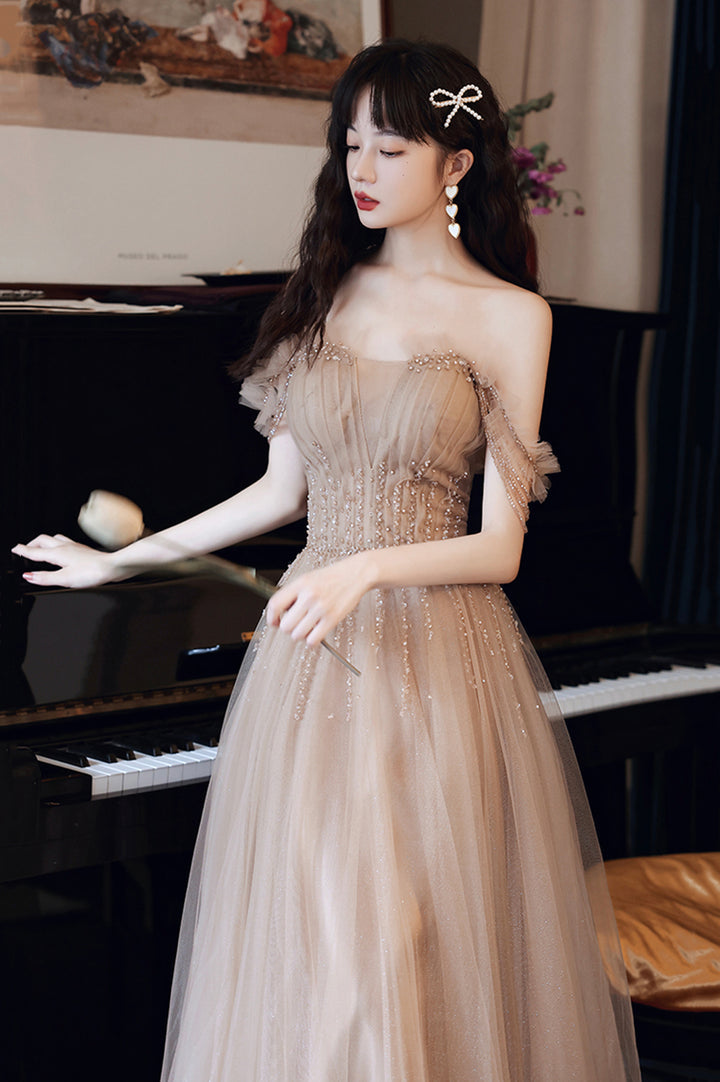 Luolandi A-Line Tulle Beaded Long Prom Dress Evening Party Dress Off Shoulder Sparkly