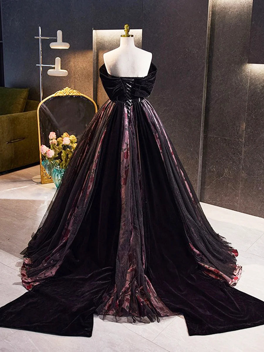 Luolandi Black Velvet Tulle Long Prom Dress with Rose Print Pattern Elegant Off the Shoulder Party Dress Sexy