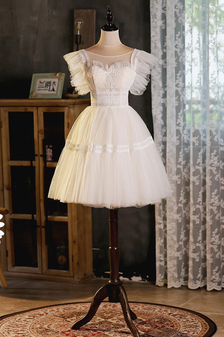 Luolandi Cute Lace Short A-Line Prom Dress Champagne Party Dress Homecoming Dress