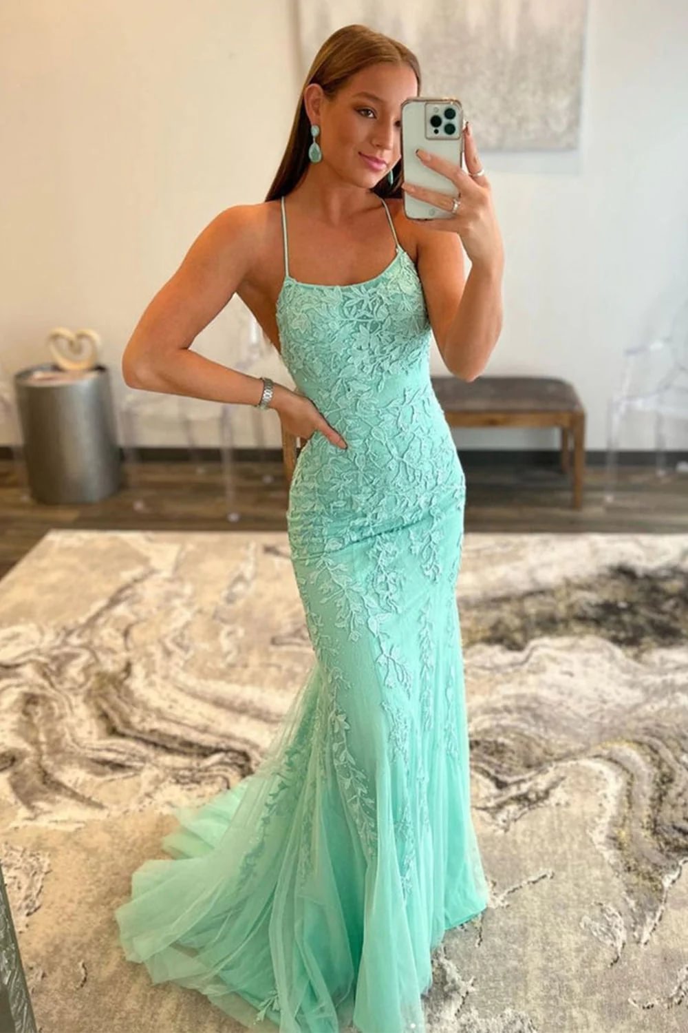 Luolandi A-Line Mermaid Blue Long Prom Dress Backless Evening Dress