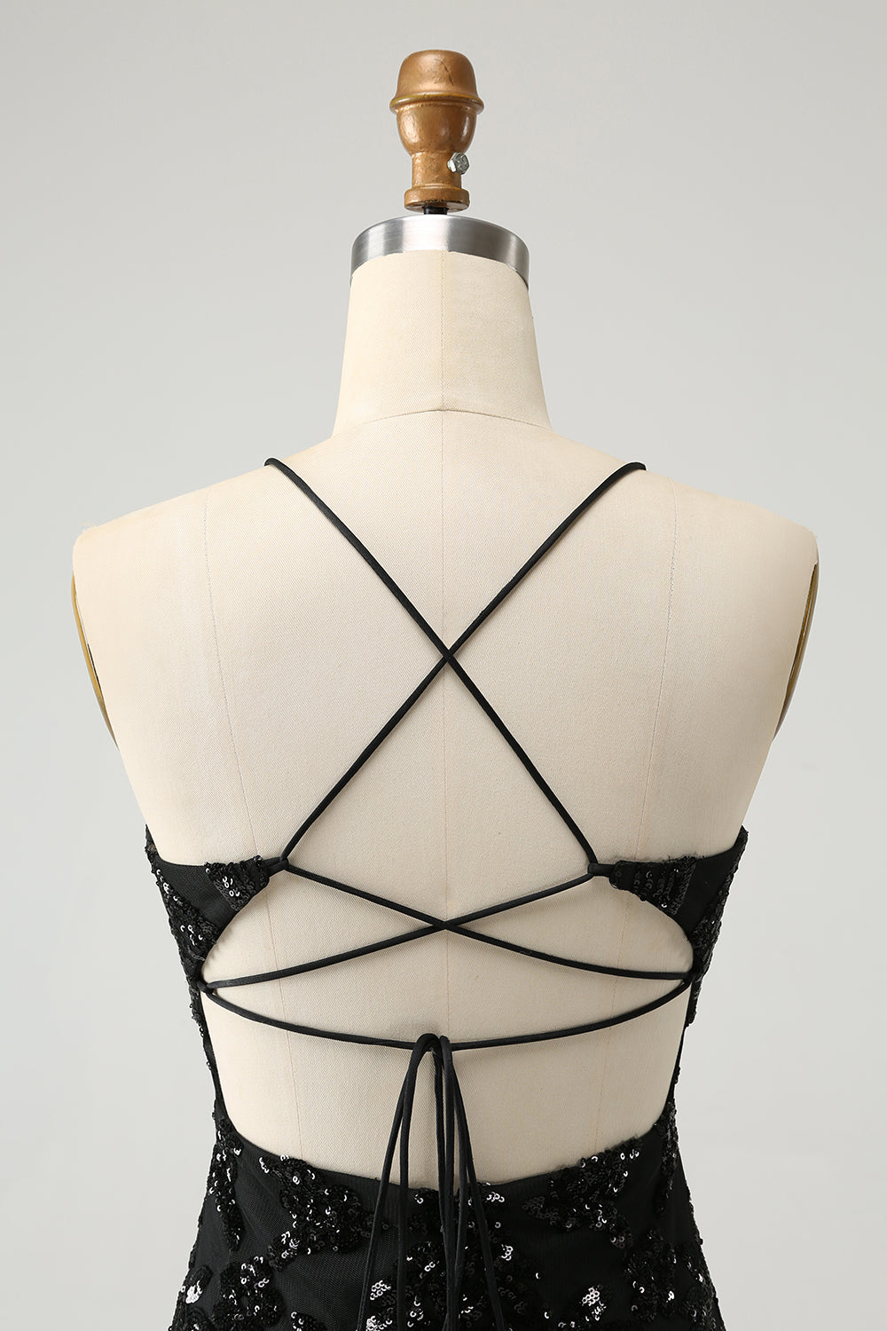 Luolandi Black Bodycon Spaghetti Straps Lace Up Back Short Homecoming Dress with Sequins Sparkly