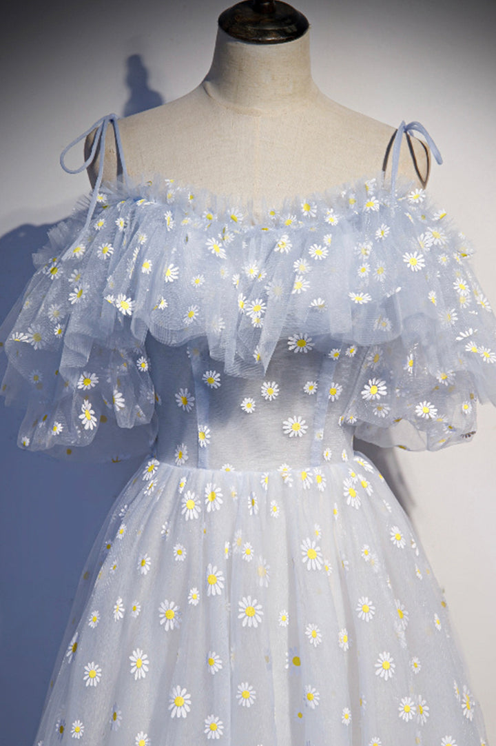 Luolandi Blue Tulle Long Prom Dresses Cute A-Line Evening Dresses With Flowers