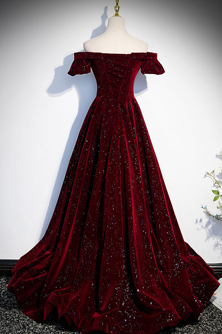 Luolandi Burgundy Velvet Long Prom Dresses Off the Shoulder Formal Evening Dresses Sparkly
