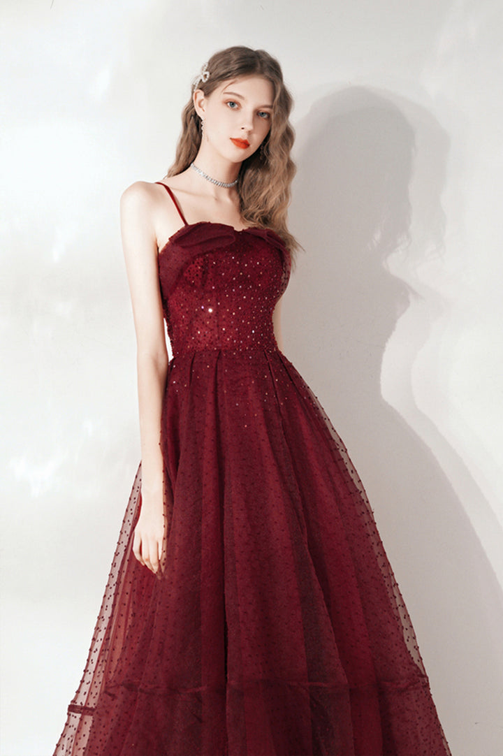Luolandi Burgundy Tulle Sequins Tea Length Prom Dress A-Line Party Dress Sparkly