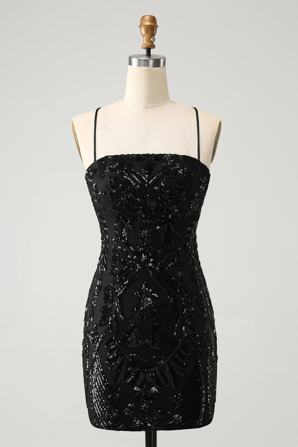 Luolandi Black Bodycon Spaghetti Straps Lace Up Back Short Homecoming Dress with Sequins Sparkly