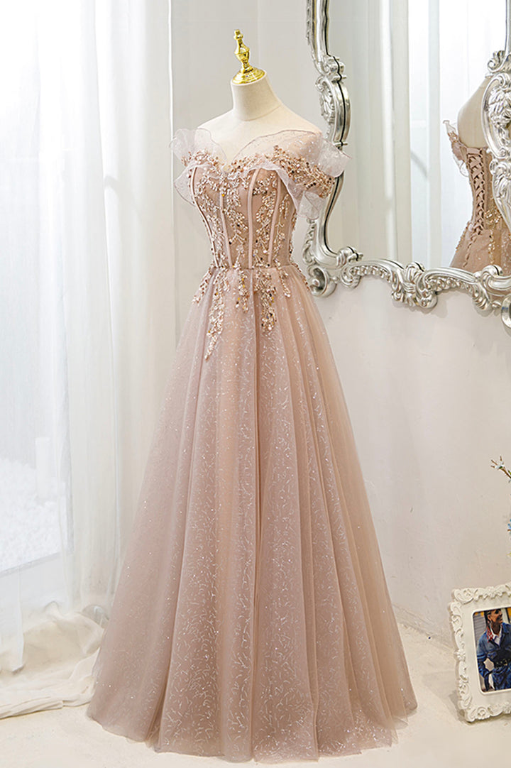 Luolandi Pink Tulle Sequins Long Prom Dresses A-Line Off the Shoulder Evening Dresses Sparkly
