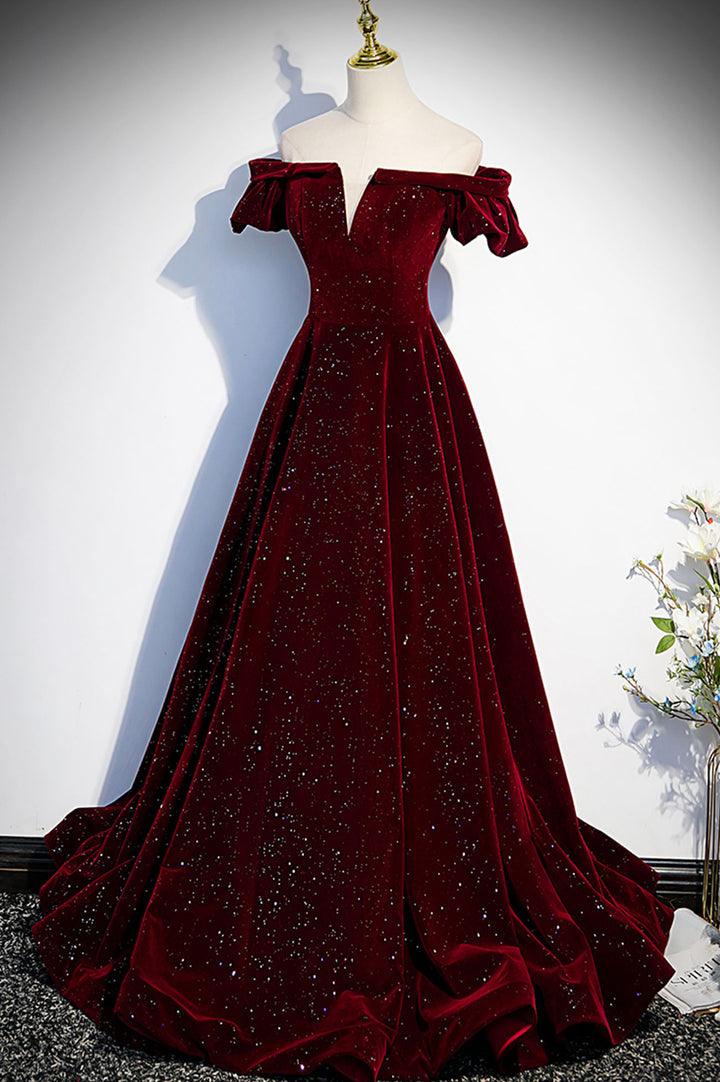 Luolandi Burgundy Velvet Long Prom Dresses Off the Shoulder Formal Evening Dresses Sparkly