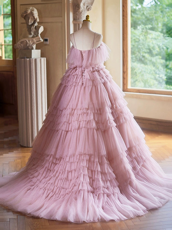 Luolandi A-Line Spaghetti Strap Layers Tulle Long Party Dress Pink Prom Dress Formal Gown Beautiful