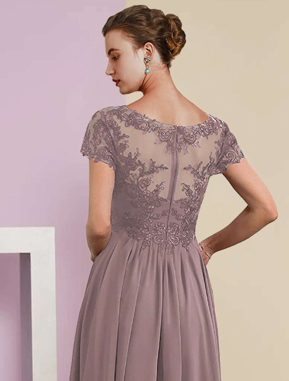 Luolandi Two Piece A-Line Mother of the Bride Dress Formal Fall Wedding Guest Elegant V Neck Tea Length Lace Short Sleeve Wrap Included