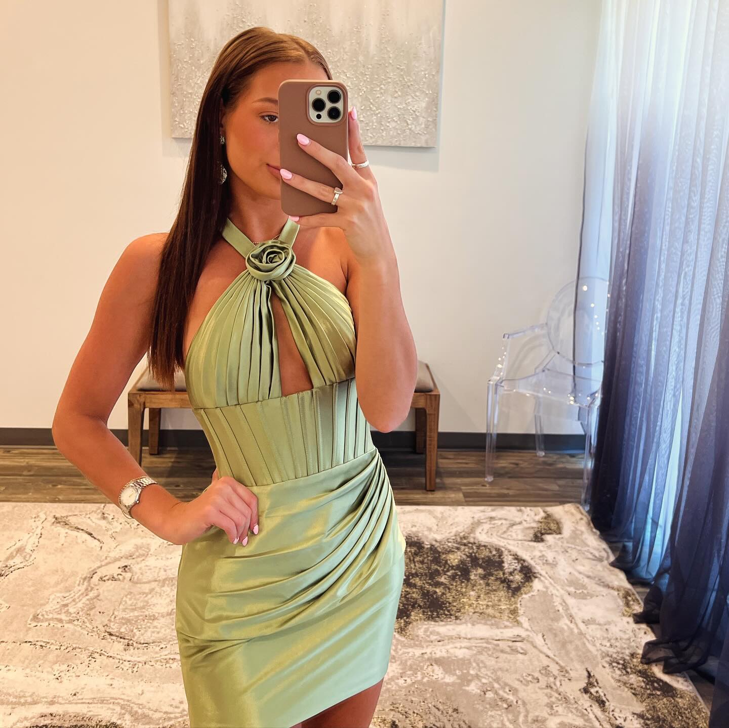 Luolandi Chic Bodycon Satin Halter 3D Flower Short Prom Dress Homecoming Dresses Sexy