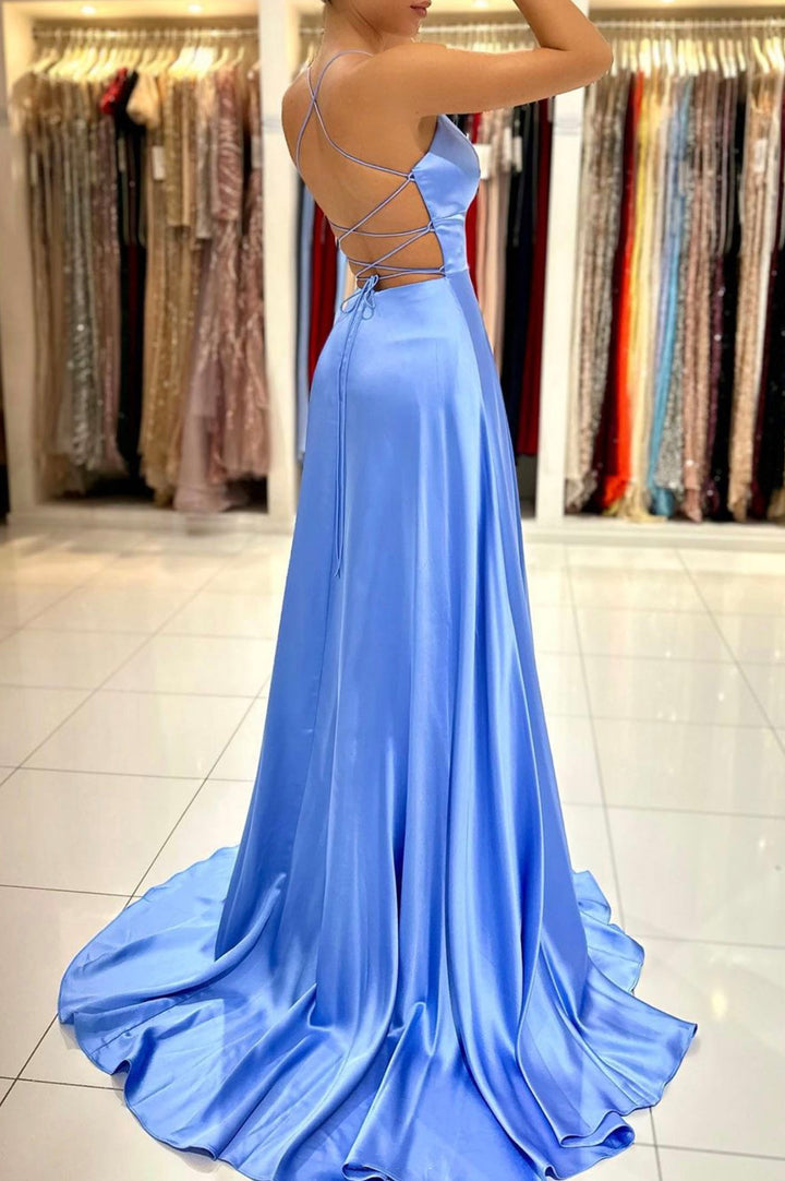 Luolandi Simple V-Neck Satin Long Prom Dress A-Line Evening Dress with Slit Sexy
