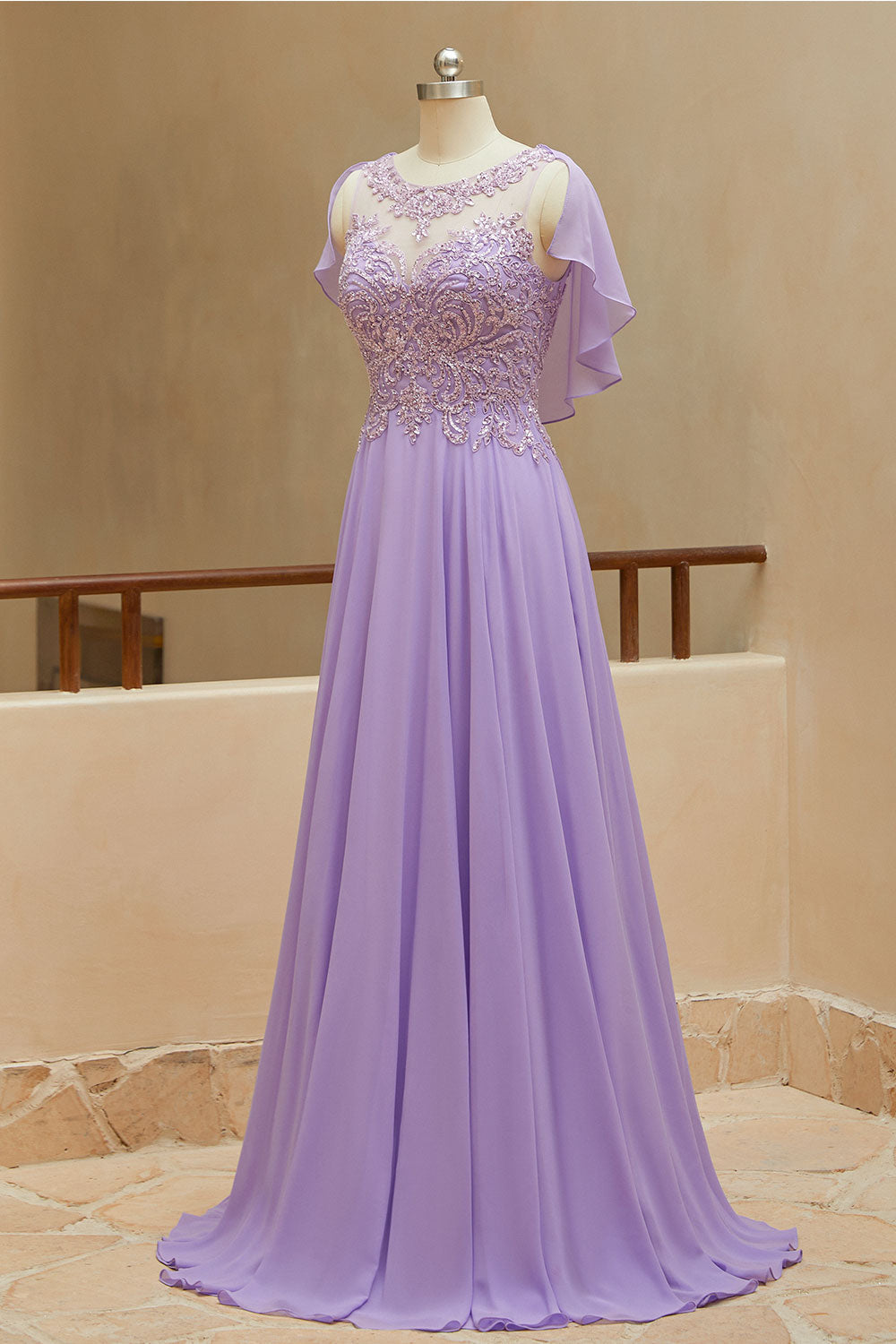 Luolandi A-Line Scoop Neck Chiffon Cap Sleeves Prom Dresses With Sequin Floor Length