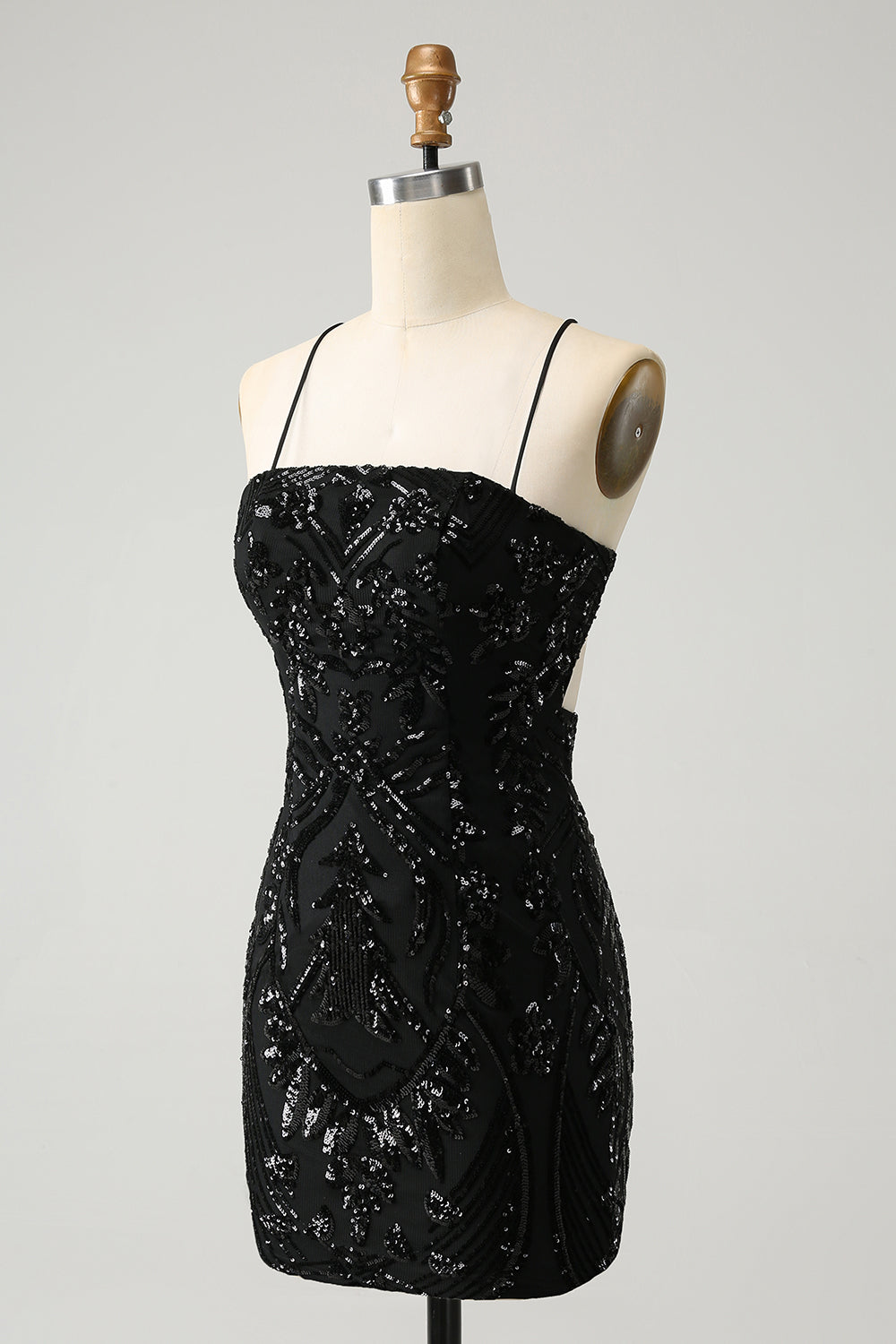 Luolandi Black Bodycon Spaghetti Straps Lace Up Back Short Homecoming Dress with Sequins Sparkly
