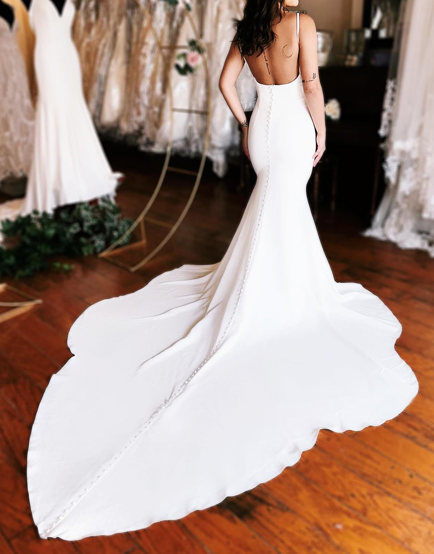 Luolandi Ivory Satin Mermaid Wedding Dress with Detachable Sleeves Beautiful