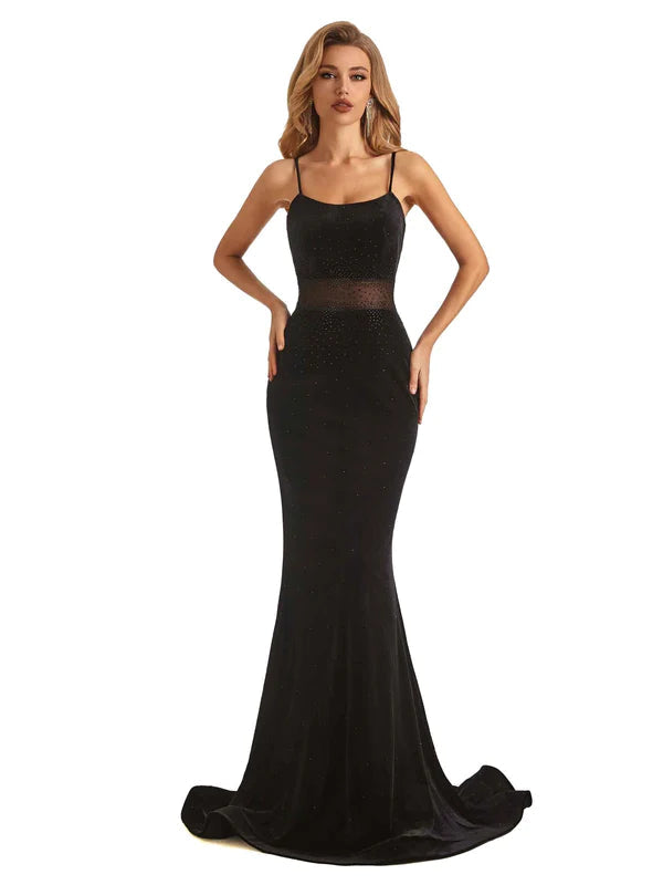 Luolandi Sexy Black Velvet Mermaid Beading Spaghetti Strap Floor-Length Prom Dresses