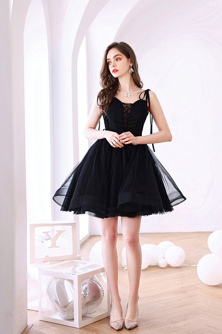 Luolandi Black Tulle Short A-Line Prom Dress Black Evening Party Dress Homecoming Dresses