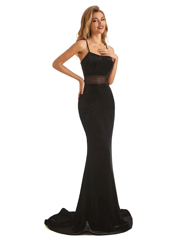Luolandi Sexy Black Velvet Mermaid Beading Spaghetti Strap Floor-Length Prom Dresses