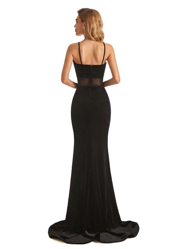 Luolandi Sexy Black Velvet Mermaid Beading Spaghetti Strap Floor-Length Prom Dresses