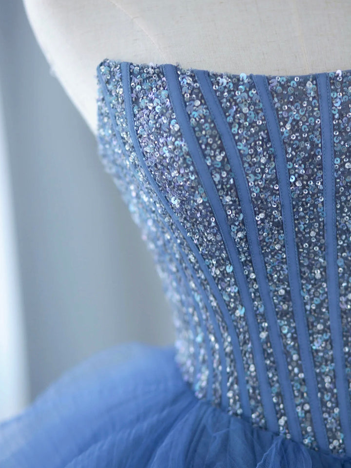 Luolandi Blue Strapless Tulle Sequins Long Prom Dress Beautiful A-Line Formal Party Dress Off Shoulder