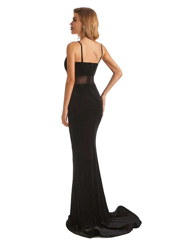Luolandi Sexy Black Velvet Mermaid Beading Spaghetti Strap Floor-Length Prom Dresses