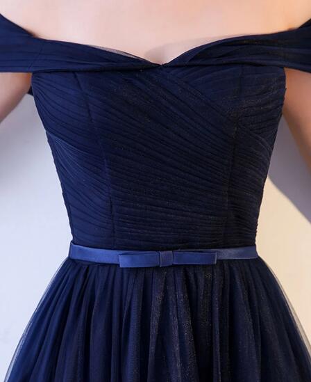 Luolandi Charming Navy Blue Tulle A-line Prom Dress Off Shoulder Bridesmaid Dress Elegant Evening Dress