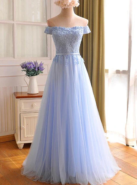 Luolandi Elegant Light Blue Lace Applique Long Party Dress Off Shoulder Bridesmaid Dress Prom Dress