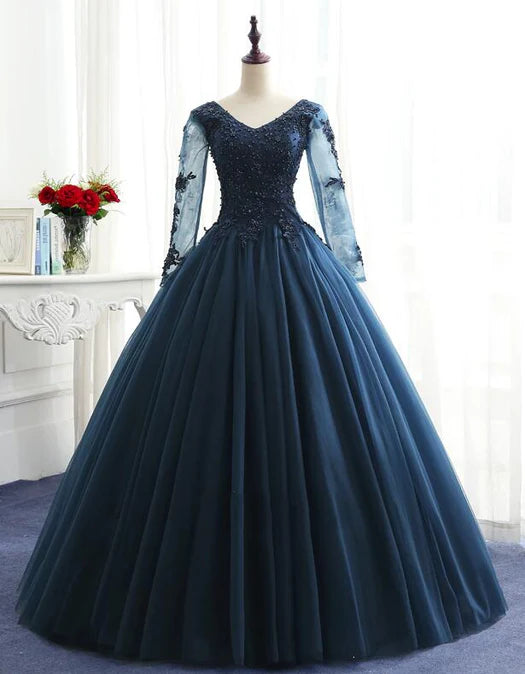 Luolandi Charming Long Sleeves Navy Blue Tulle Party Gown Navy Blue Prom Dress Ball Gown