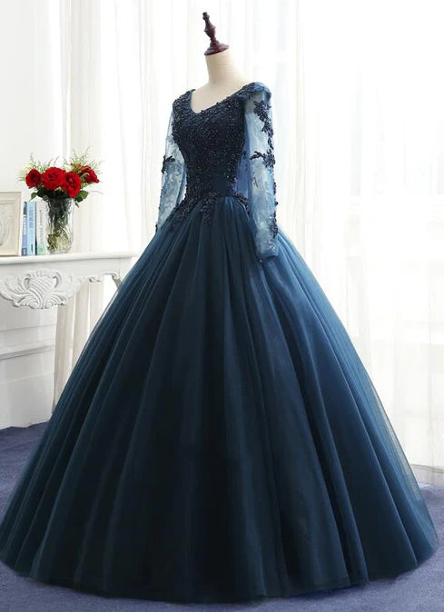 Luolandi Charming Long Sleeves Navy Blue Tulle Party Gown Navy Blue Prom Dress Ball Gown
