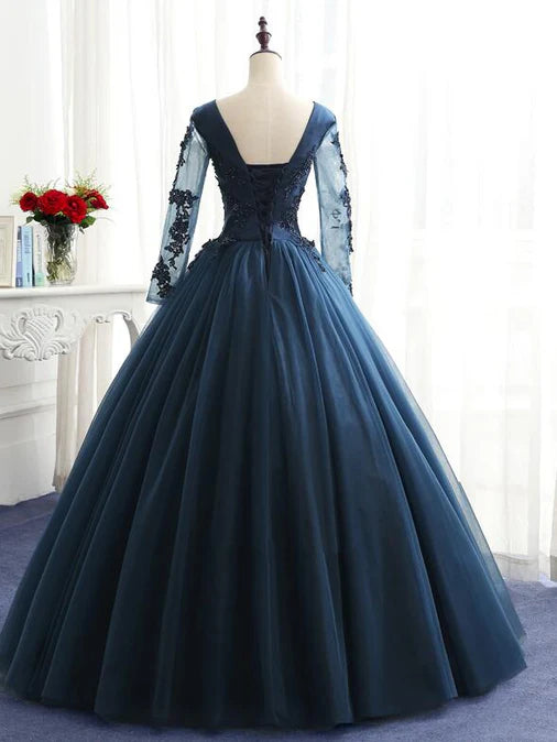 Luolandi Charming Long Sleeves Navy Blue Tulle Party Gown Navy Blue Prom Dress Ball Gown
