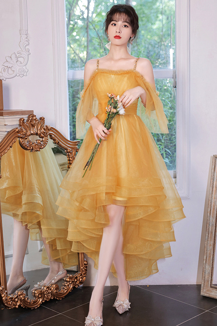 Luolandi Yellow Tulle High Low Prom Dresses A-Line Evening Dresses Short Graduation Dress