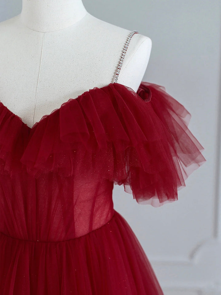 Luolandi Burgundy V-neck Spaghetti Strap Tea Length Prom Dress Cute A-Line Evening Party Dress