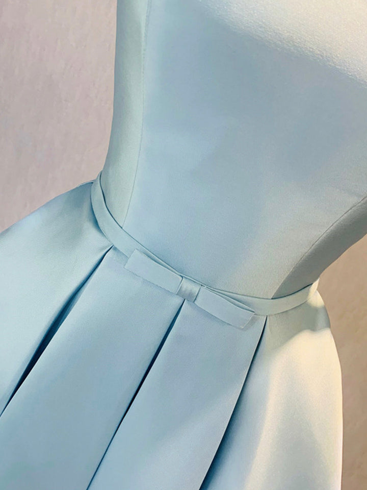 Luolandi Simple Short Light Blue Satin Party Dress A-Line Off the Shoulder Evening Dress