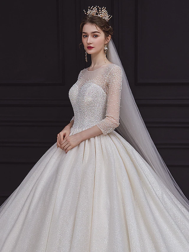 Luolandi Princess Ball Gown Wedding Dresses Jewel Neck Chapel Train Lace Tulle Sequined Long Sleeve Formal Romantic Luxurious Sparkle & Shine