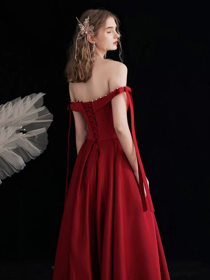 Luolandi Burgundy Satin Long Prom Dress Beautiful A-Line Off the Shoulder Evening Party Dress Sexy