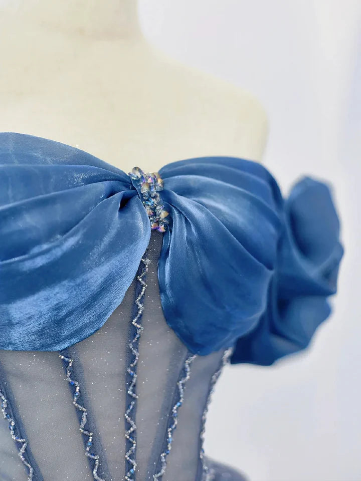 Luolandi Blue Tulle Beaded Long Prom Dress Off the Shoulder Evening Party Dress Beautiful