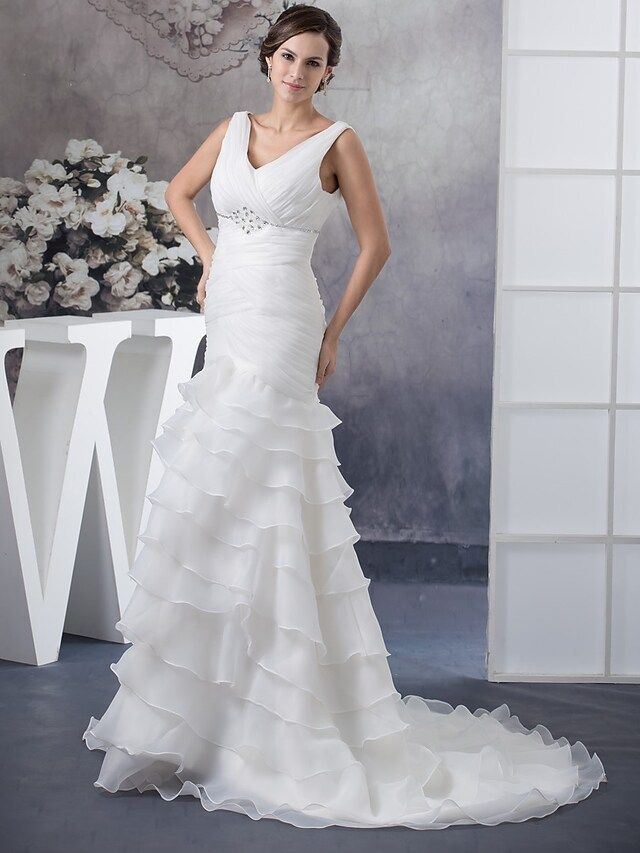 Luolandi Wedding Dresses V Neck Chapel Train Organza Regular Straps with Ruched Beading Cascading