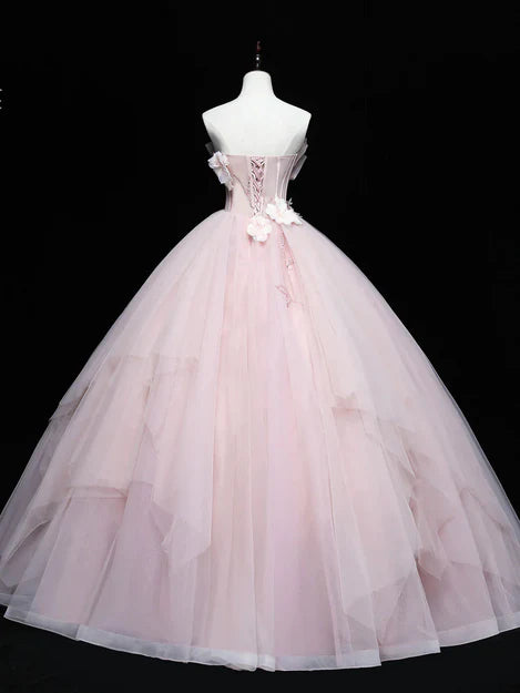 Luolandi Cute Pink Ball Gown Tulle with Flowers Sweet 16 Dress Pink Tulle Party Dress Prom Dress