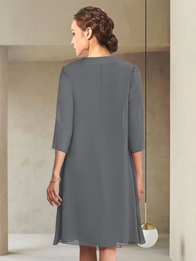 Luolandi Mother of the Bride Dress Elegant Jewel Neck Knee Length Chiffon Length Sleeve with Ruching Pure Color