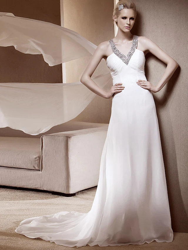 Luolandi Princess A-Line Wedding Dresses V Neck Court Train Chiffon Sleeveless Sparkle & Shine