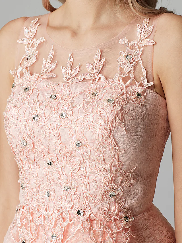 Luolandi A-Line Sparkle Homecoming Cocktail Party Dress Pink Illusion Neck Sleeveless Short Mini Tulle Floral Lace with Sequin